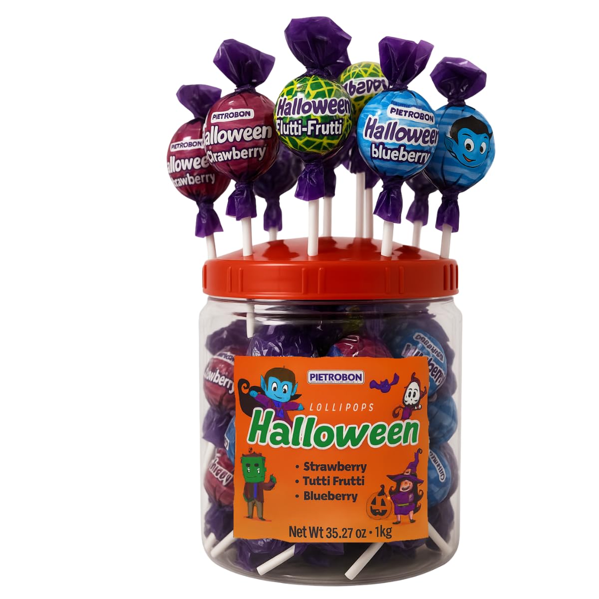 Assorted Halloween Lollipops Variety Pack – 35 oz (2.2 lb) Bag of Strawberry, Tutti Frutti & Blueberry Candy – Trick or Treat Monster Suckers, Individually Wrapped Dulces for Kids Parties & Favors