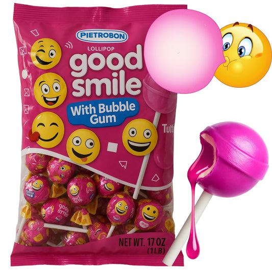 Good Smile Bubble Gum Lollipops – (24 Count, 1 Pound 17 Ounces) - Juicy Fruity Gum Filled Suckers, Assorted Flavors, Individually Wrapped, Bulk Candy Variety Pack, Party Favors and Birthday Treats