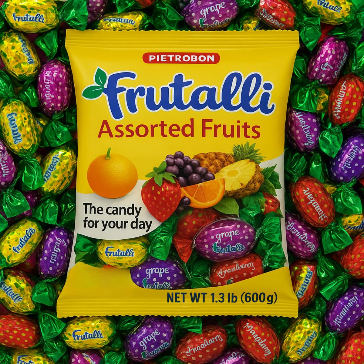 Frutalli Assorted Fruit Candy Bag 150 Count 1.3Lb – 21oz Individually Wrapped Variety Pack, Strawberry Orange Pineapple Grape Sweets, Halloween, Kids