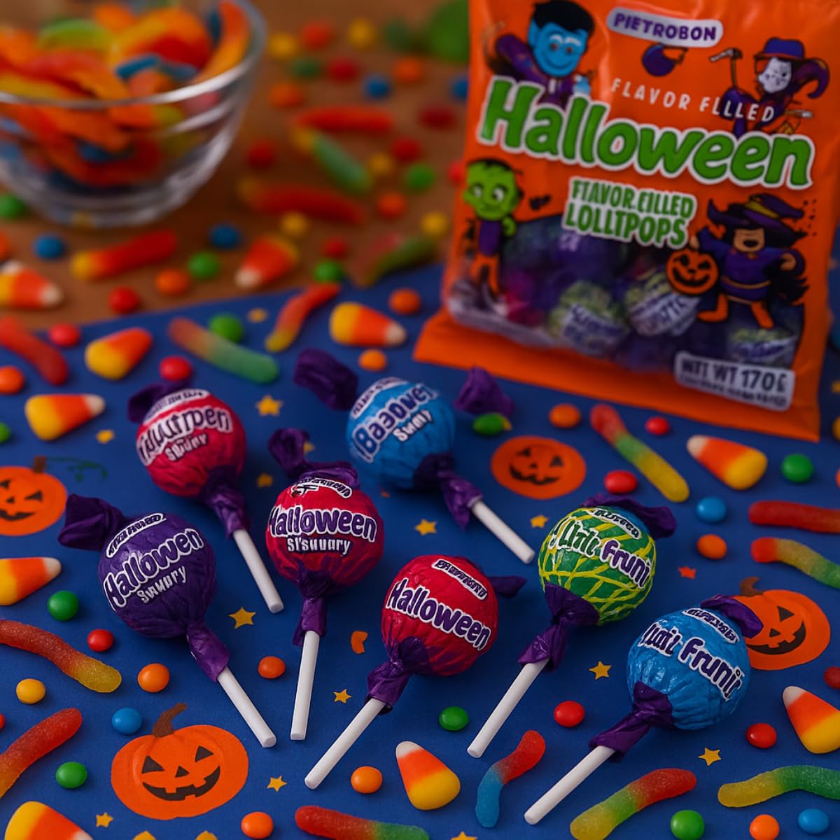 Assorted Halloween Lollipops Variety Pack – 17 oz (1 lb) Bag of Strawberry, Tutti Frutti & Blueberry Candy – Trick or Treat Monster Suckers, Individually Wrapped Dulces for Kids Parties & Favors