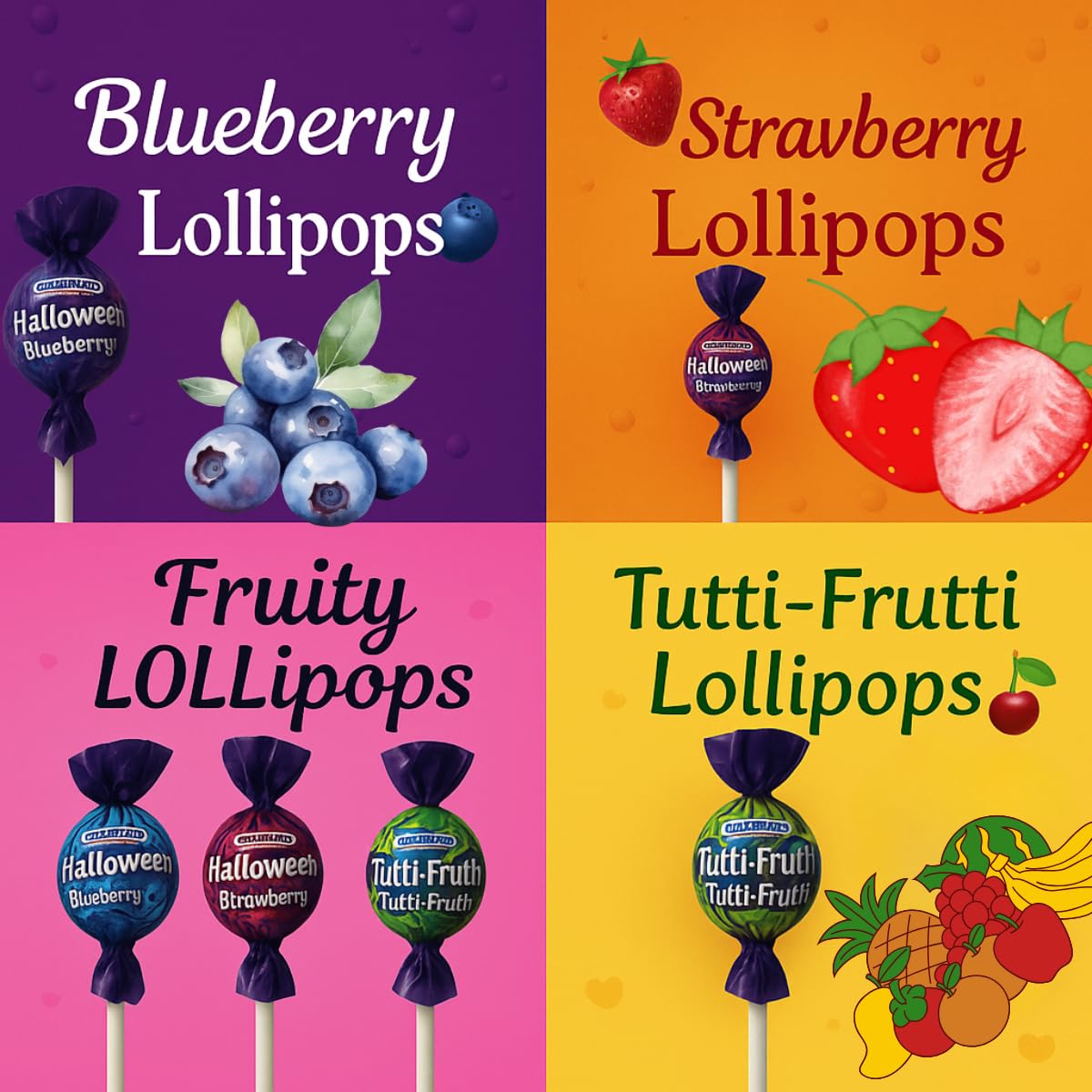 Assorted Halloween Lollipops Variety Pack – 35 oz (2.2 lb) Bag of Strawberry, Tutti Frutti & Blueberry Candy – Trick or Treat Monster Suckers, Individually Wrapped Dulces for Kids Parties & Favors