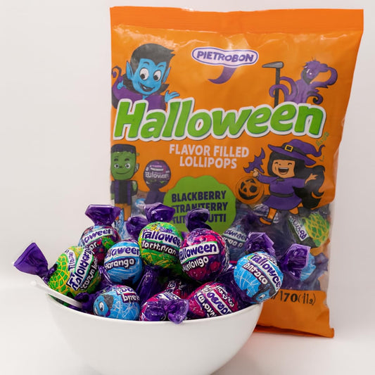 Assorted Halloween Lollipops Variety Pack – 17 oz (1 lb) Bag of Strawberry, Tutti Frutti & Blueberry Candy – Trick or Treat Monster Suckers, Individually Wrapped Dulces for Kids Parties & Favors