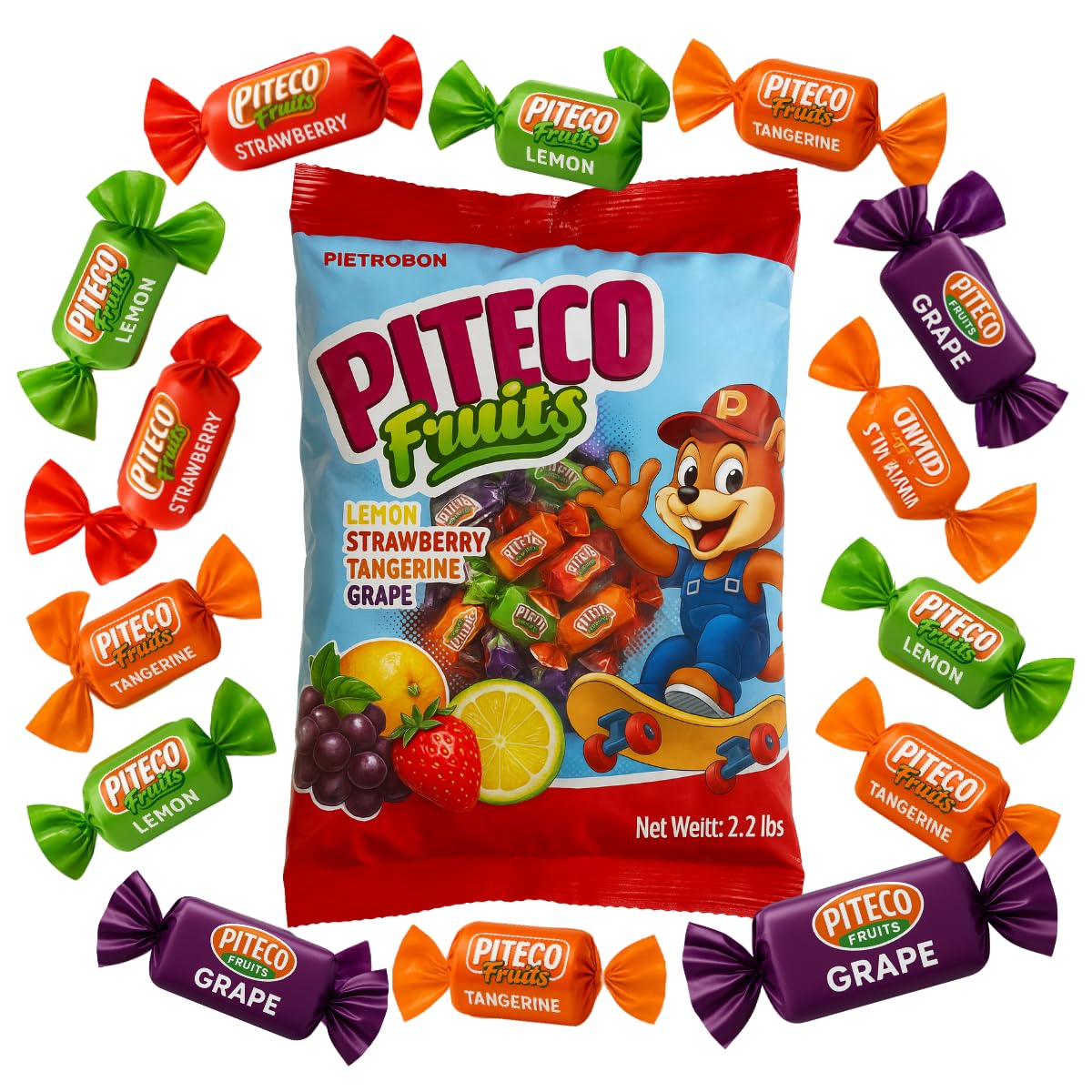 Fruits Assorted Candy Bag 35oz (2.2lb) – Individually Wrapped Soft Candy Variety Pack, Strawberry, Lemon, Grape, Tangerine Sweets, Halloween, Kids Snacks