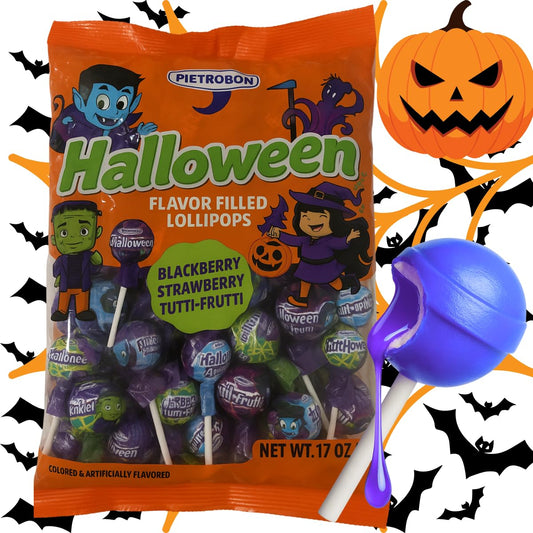 Assorted Halloween Lollipops Variety Pack – 17 oz (1 lb) Bag of Strawberry, Tutti Frutti & Blueberry Candy – Trick or Treat Monster Suckers, Individually Wrapped Dulces for Kids Parties & Favors