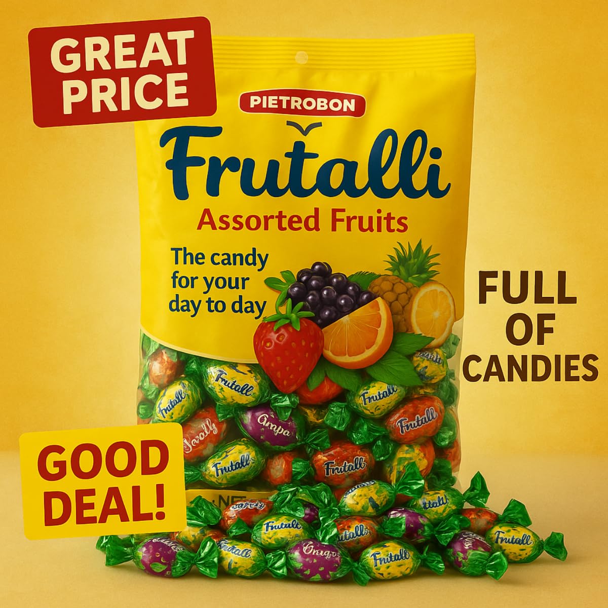 Frutalli Assorted Fruit Candy Bag 150 Count 1.3Lb – 21oz Individually Wrapped Variety Pack, Strawberry Orange Pineapple Grape Sweets, Halloween, Kids