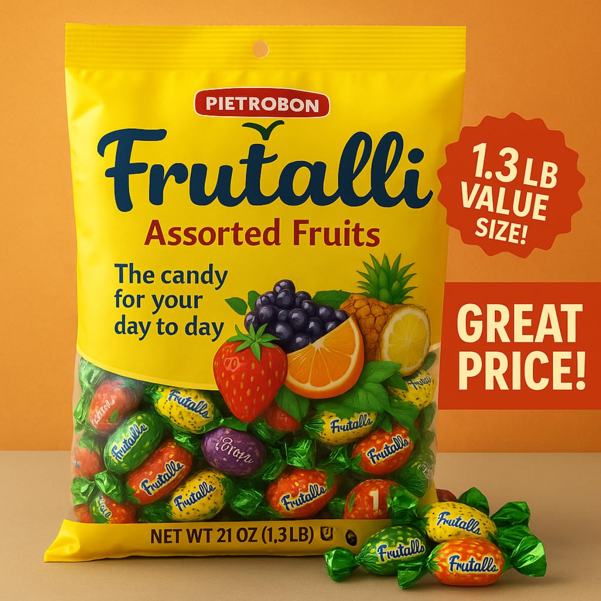 Frutalli Assorted Fruit Candy Bag 150 Count 1.3Lb – 21oz Individually Wrapped Variety Pack, Strawberry Orange Pineapple Grape Sweets, Halloween, Kids
